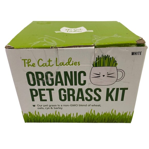 The Cat Ladies Organic Pet Grass Kit White Kitty Face Planter Garden Plants - Picture 10 of 15